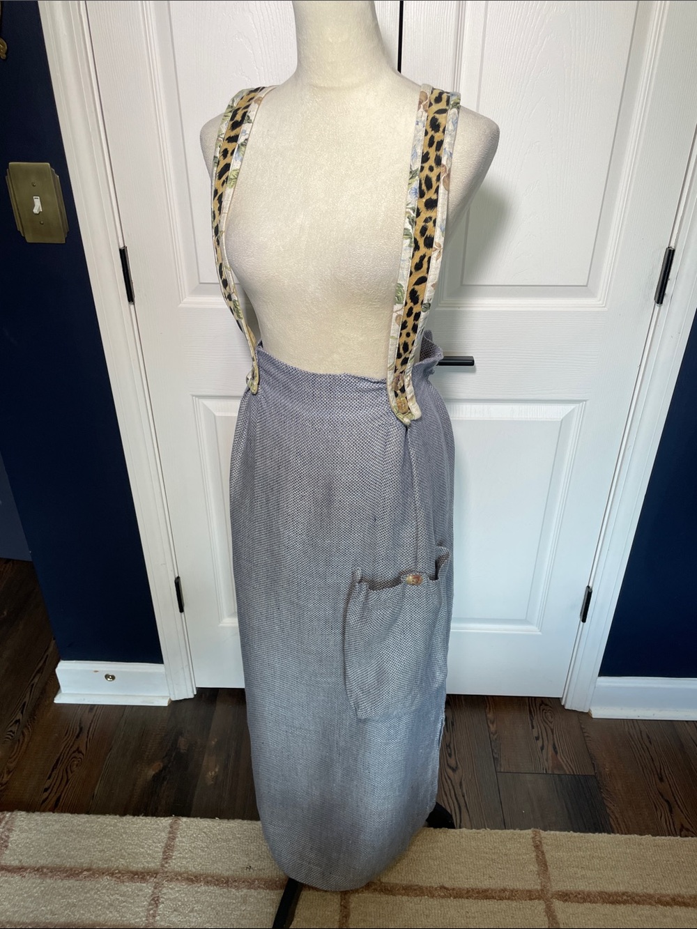 VTG Crunch Cross Back Suspender Pinafore Skirt Overall Dress Gray Leopard